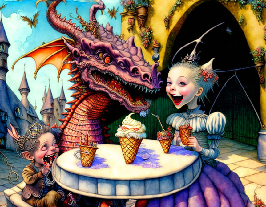 Colorful fairy-tale scene: queen, jester, dragon, and ice cream.