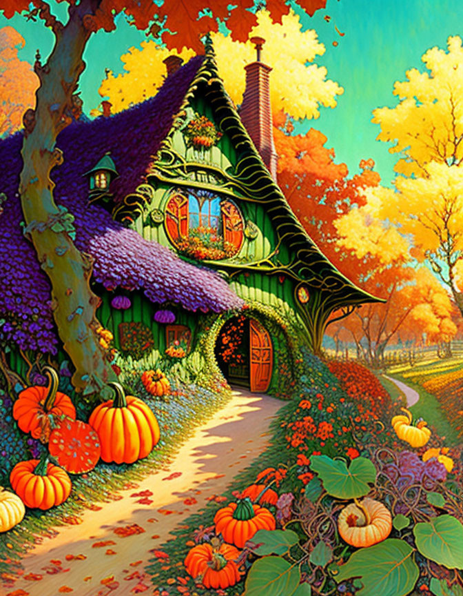 Colorful autumn cottage illustration with lush foliage and pumpkins