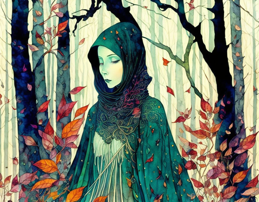 Serene woman in green hijab surrounded by autumn forest.