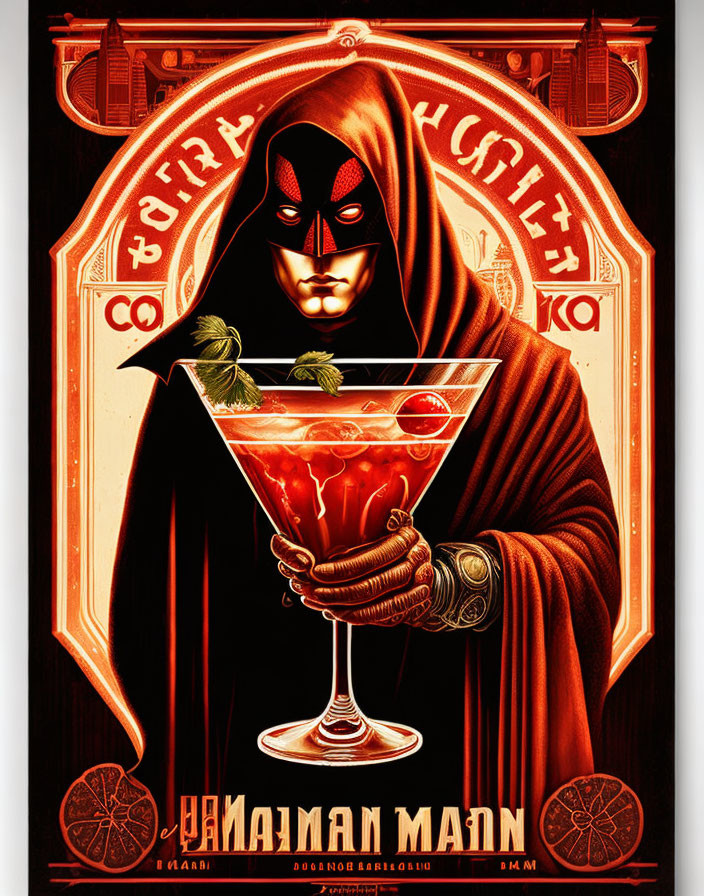 Stylized artwork of cloaked figure with red mask and cocktail glass