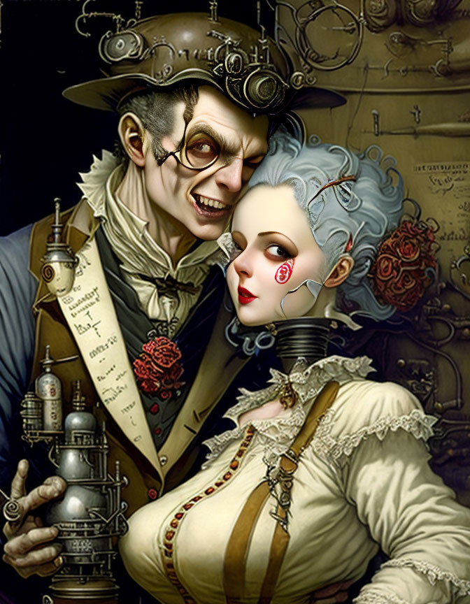 Steampunk-themed illustration with stylized characters and intricate mechanical details