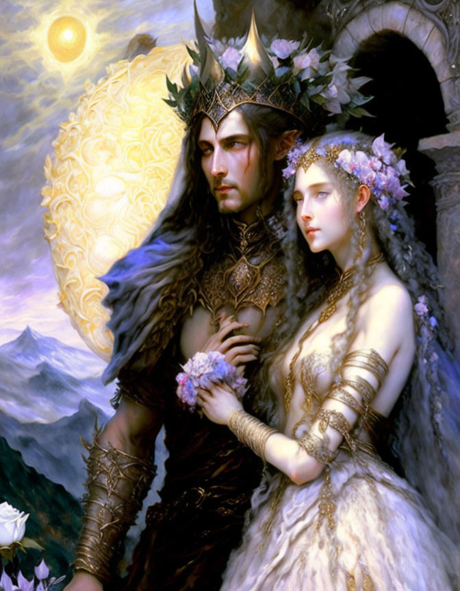 Fantasy couple in dark armor and floral attire against mystical backdrop