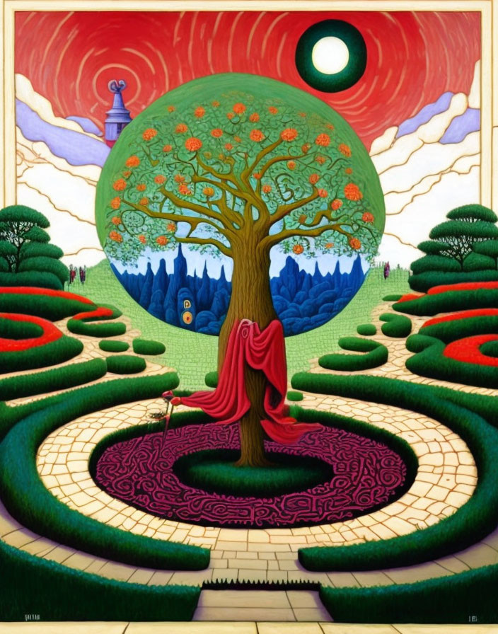 Surrealist painting: Figure in red cloak under intricate tree