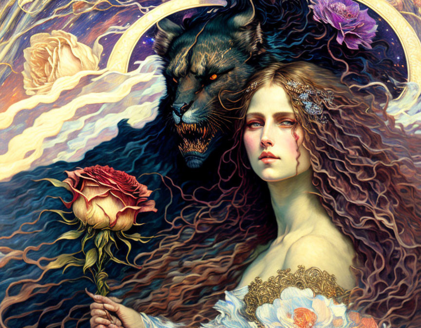 Woman with flowing hair and flowers holding a rose next to majestic wolf in celestial setting