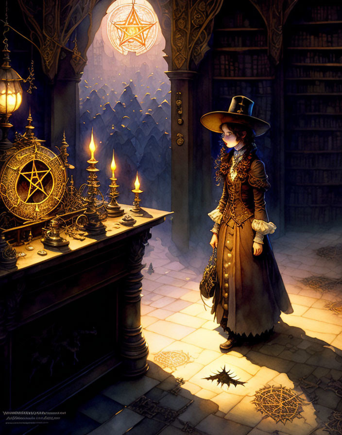 Victorian woman in magical library with glowing symbols and pentagram