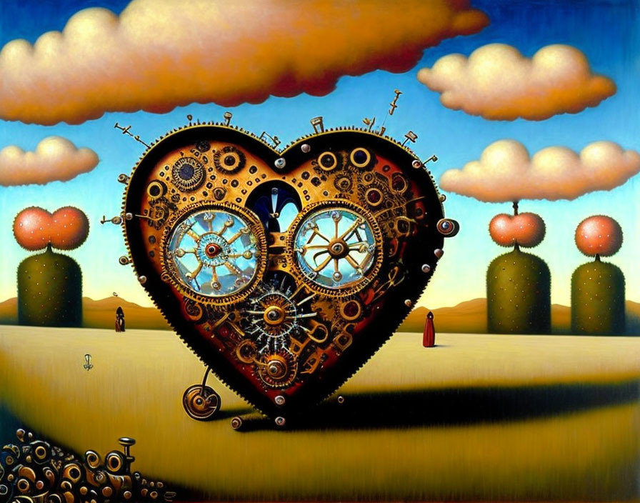 Surreal painting: mechanical heart with gears in desert landscape