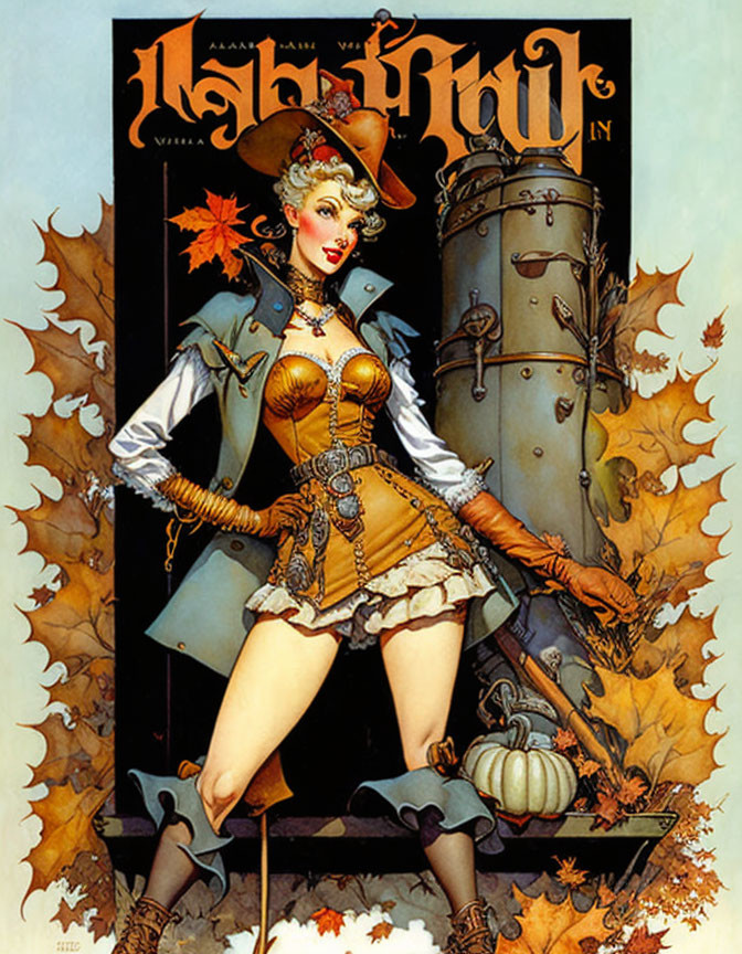 Steampunk-themed woman illustration with corset, jacket, hat, and boiler in autumn setting.