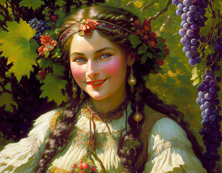 Radiant woman in folk-inspired attire amid grapevines