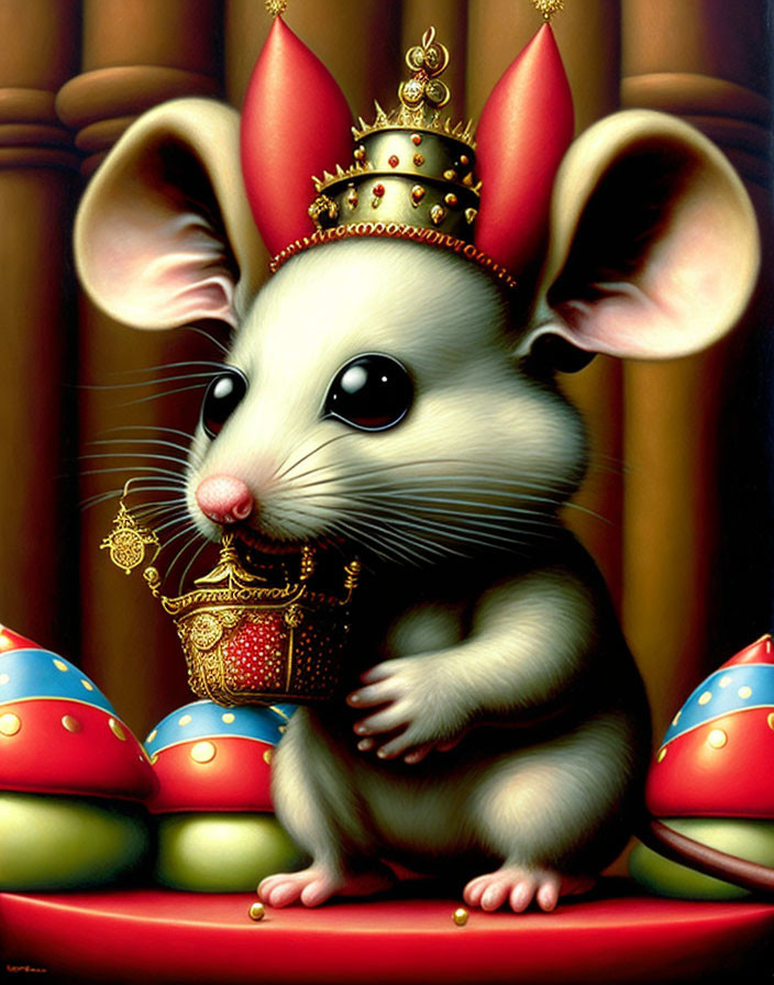 Anthropomorphic mouse with crown and scepter on red cushions