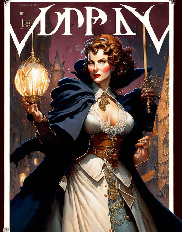 Victorian-era woman with glowing orb and scepter in gothic setting