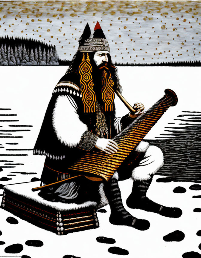 Tribal musician in traditional attire playing stringed instrument in snowy landscape