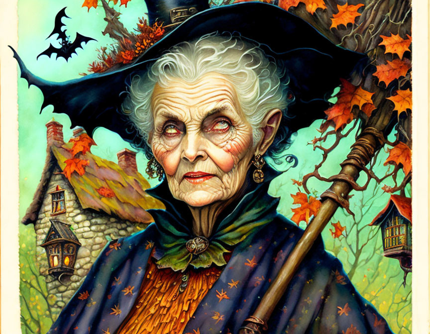 Elderly witch with hat, autumn leaves, broomstick, bats, and cottage.