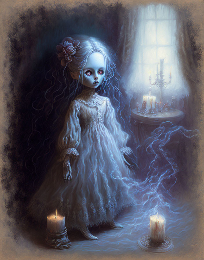 Illustrated ghostly girl in vintage dress with large eyes in dim room with candles and blue wisps