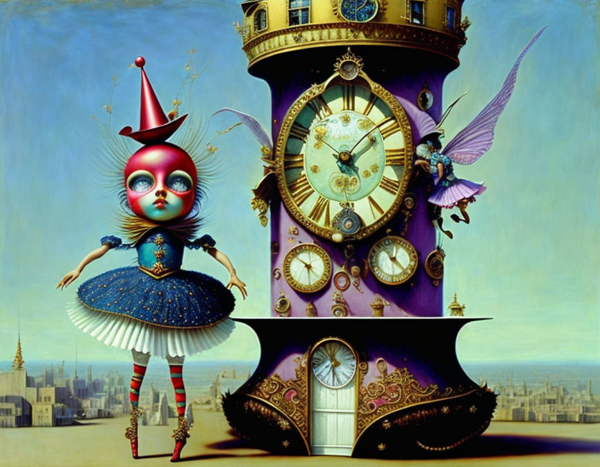 Whimsical painting of girl with pinhead by clock tower