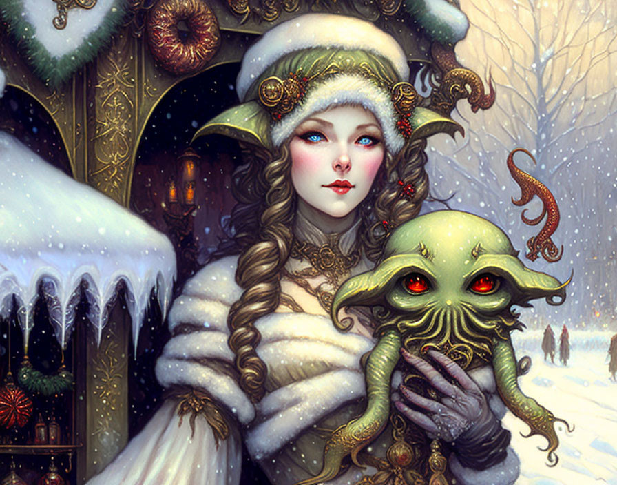 Illustrated woman in winter attire with braided hair holding green creature in snowy scene with carriage.