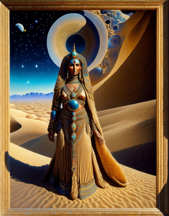 Female Figure in Ancient Egyptian Attire in Desert Landscape