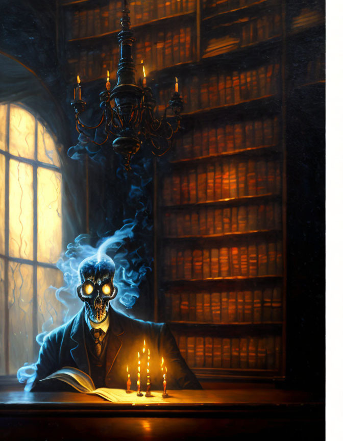 Skull-faced figure reading by candlelight in dimly lit room