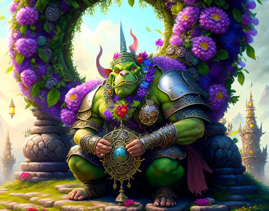 Fantastical orc adorned in flowers and armor in magical setting