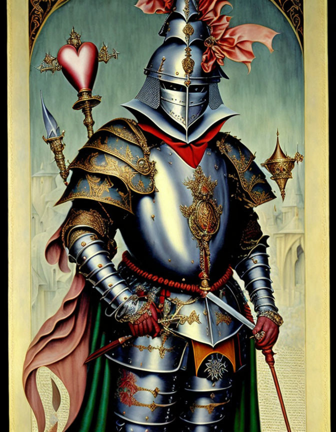 Medieval knight in golden armor with lance, heart, and flowers.