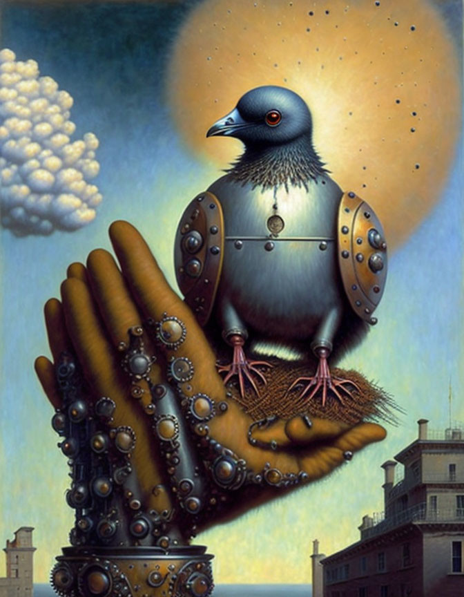 Surreal painting: mechanical pigeon on robotic hand with cityscape & clouds