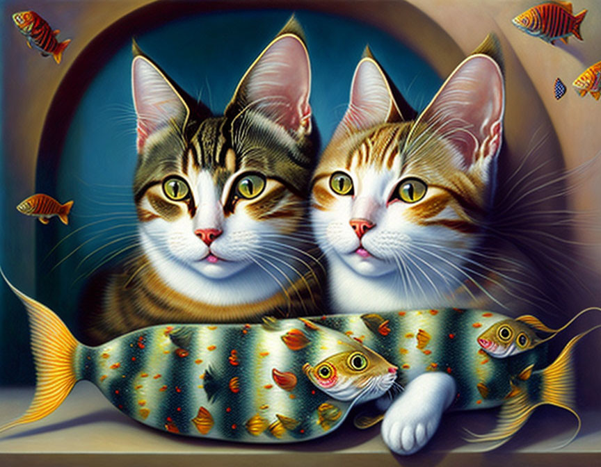 Stylized cats with large eyes in fishbowl with colorful fish