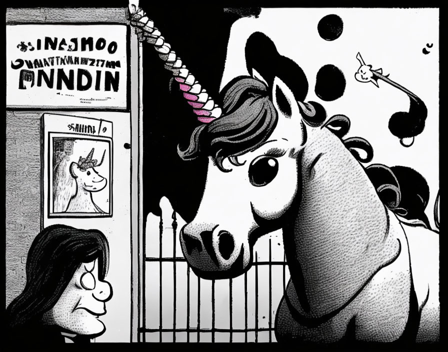 Monochrome horse illustration with party hat and sad girl in stable setting