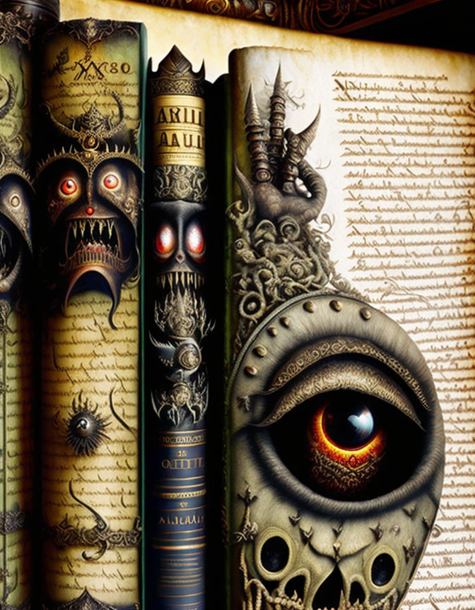 Fantasy-themed book spines featuring monstrous and eye motifs alongside a scroll with intricate script.