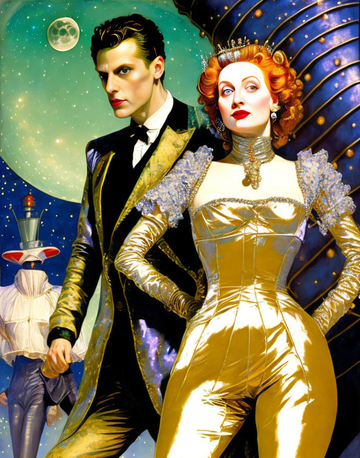 Futuristic Victorian couple in cosmic setting with peacock feather and moon