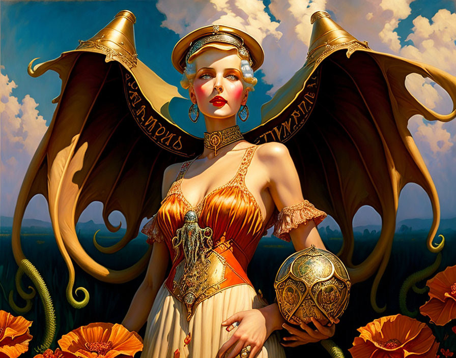 Golden-winged female figure with headdress and sphere on sky and floral background with tentacles.