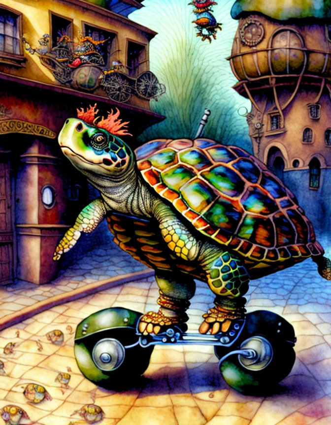 Imaginative painting: Turtle with red mohawk skateboarding in whimsical village