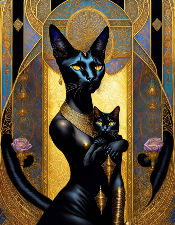 Anthropomorphic black cat holding smaller cat in ornate gold and blue Art Nouveau setting.