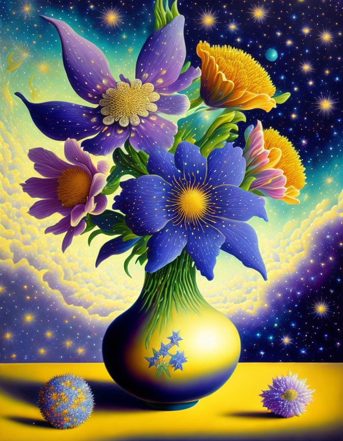 Colorful painting: Vase with blue and yellow flowers under cosmic sky