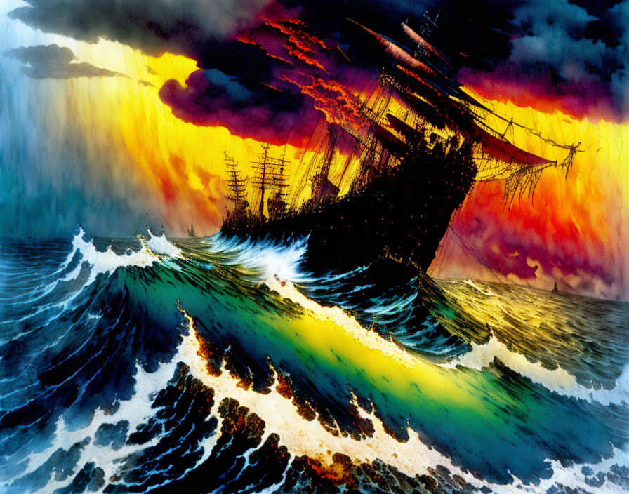 Vividly colored painting: Ship at sea in storm with dramatic sunlight.