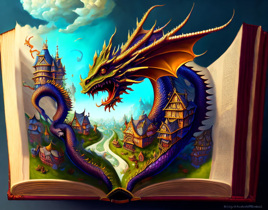 Detailed dragon and medieval landscape from open book on dramatic sky.