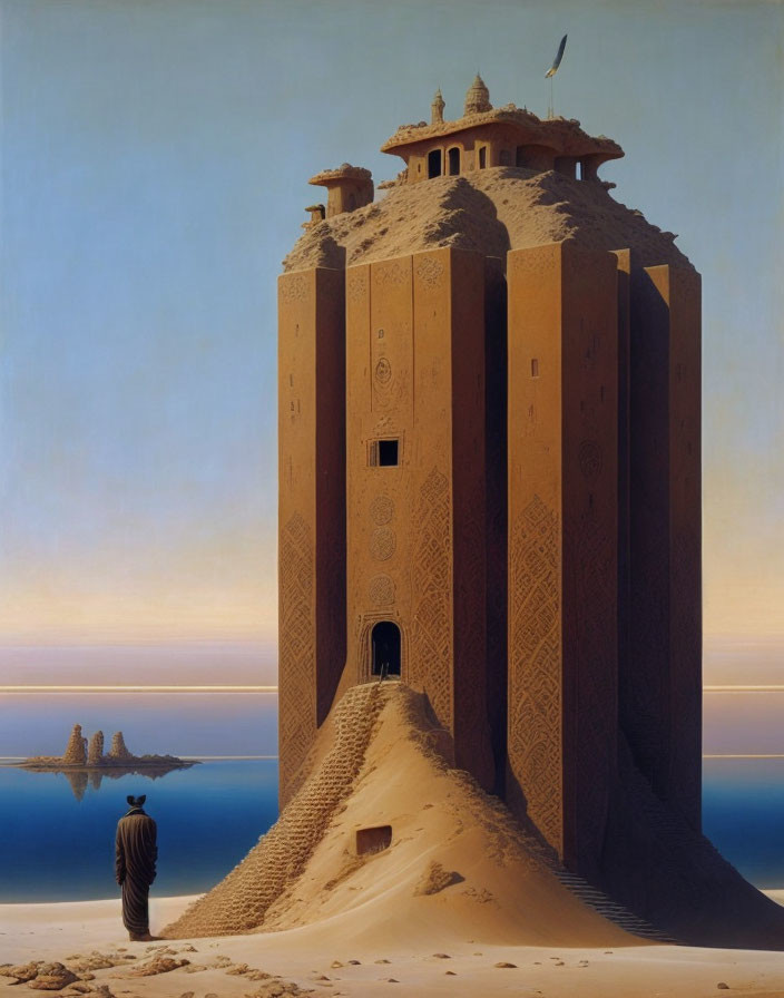 Surreal painting of towering sandcastle structure by calm sea