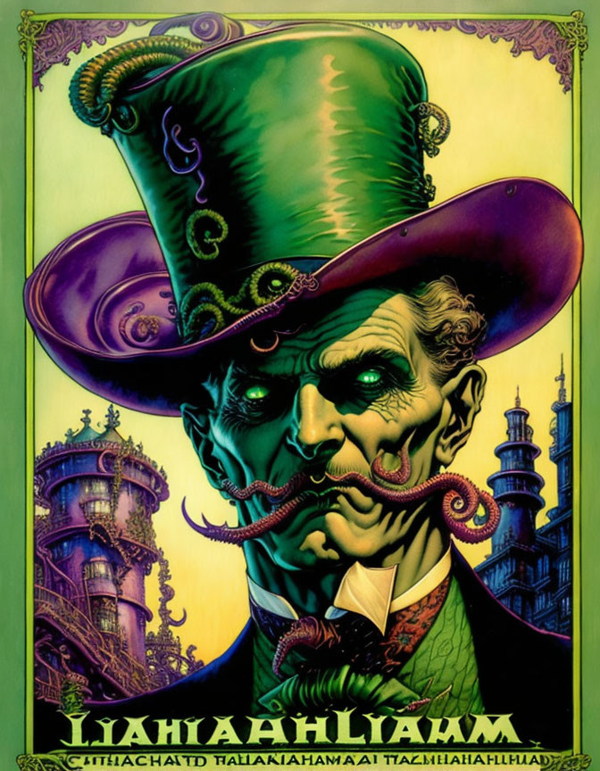 Illustration of man with green skin in purple tentacled top hat against gothic architecture.