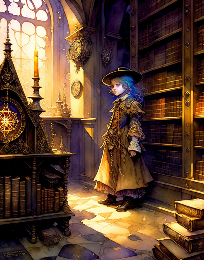 Blue-haired anime girl in vintage attire surrounded by clocks and magical symbols