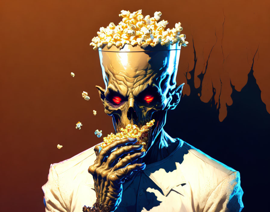 Undead zombie with silver bucket eating popcorn, red glowing eyes on brown background