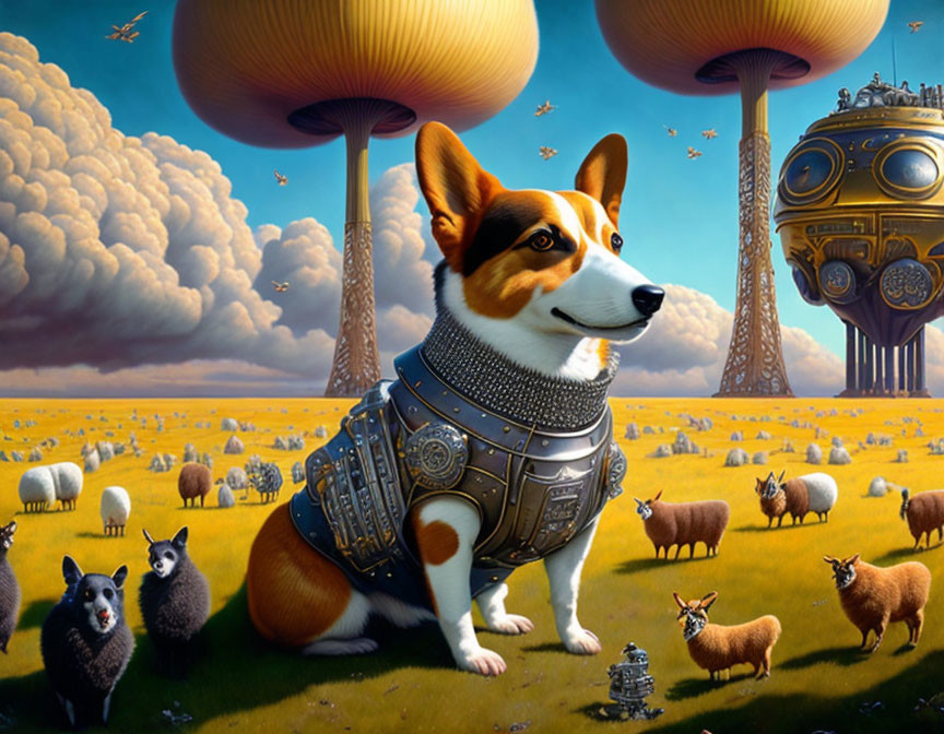 Medieval armor corgi in surreal field with giant mushrooms, sheep, robot, and steamp