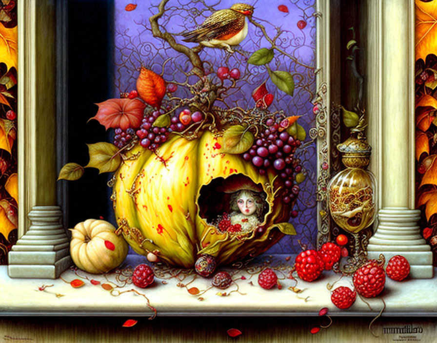 Child peeking through carved apple in whimsical autumn scene