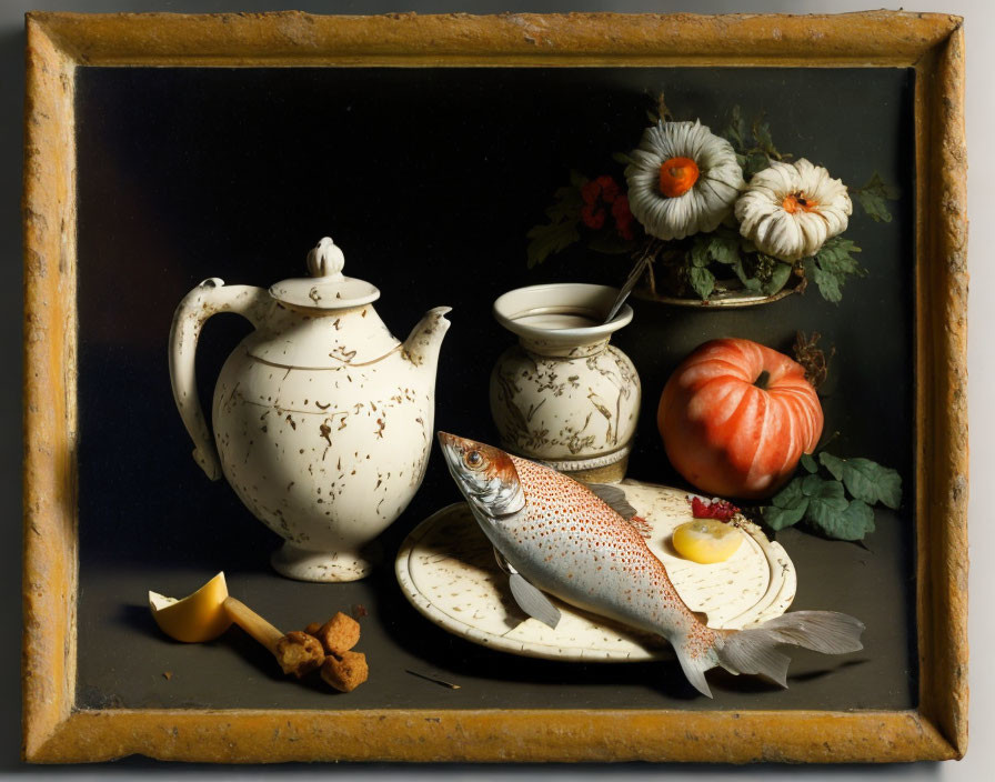 Classic Still-Life Painting with Teapot, Cups, Fish, Pumpkin, Fruits, and Flowers on