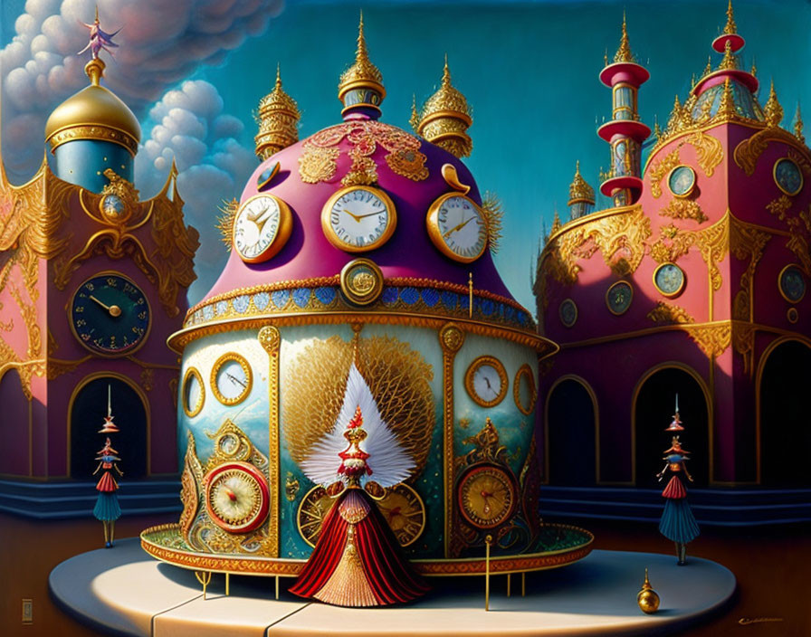 Fantastical painting of ornate clock-adorned buildings and unique characters