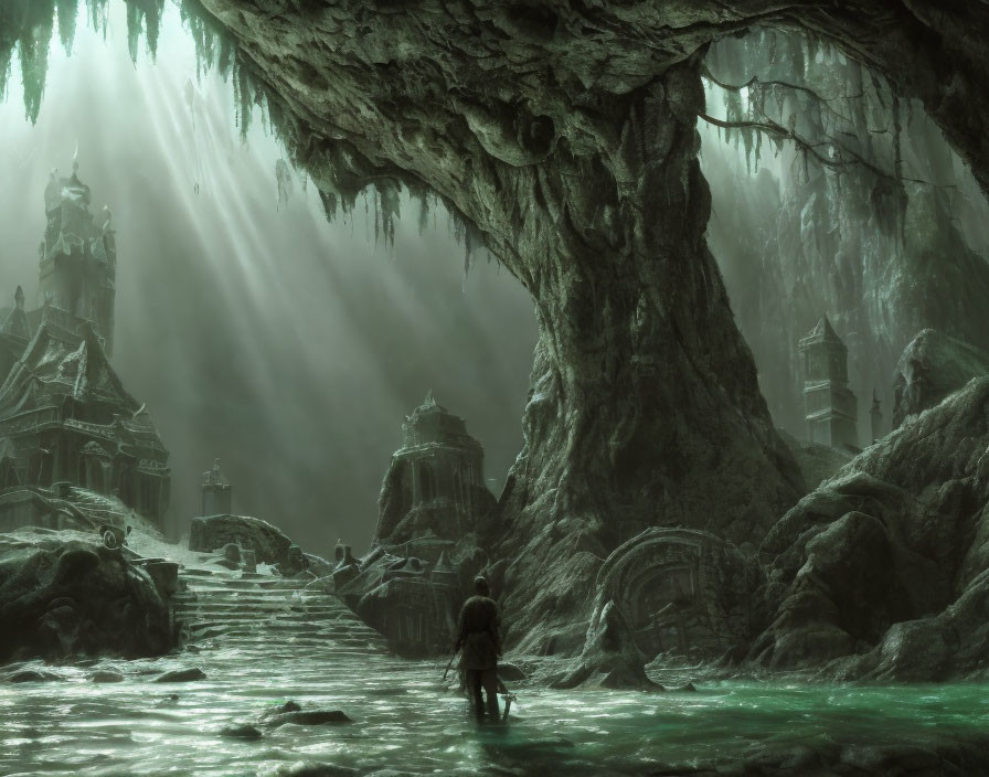 Figure in Ancient Submerged City Under Massive Tree