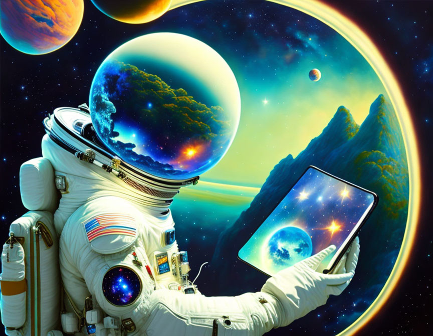 Astronaut with tablet in surreal cosmic landscape