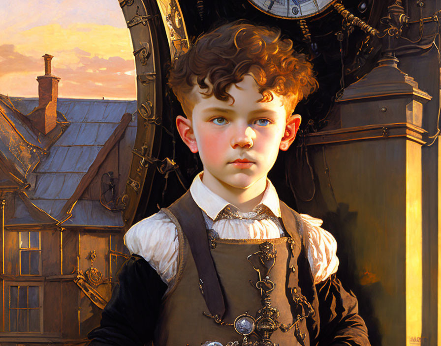 Curly-Haired Boy in Vintage Attire with Ornate Mechanical Background