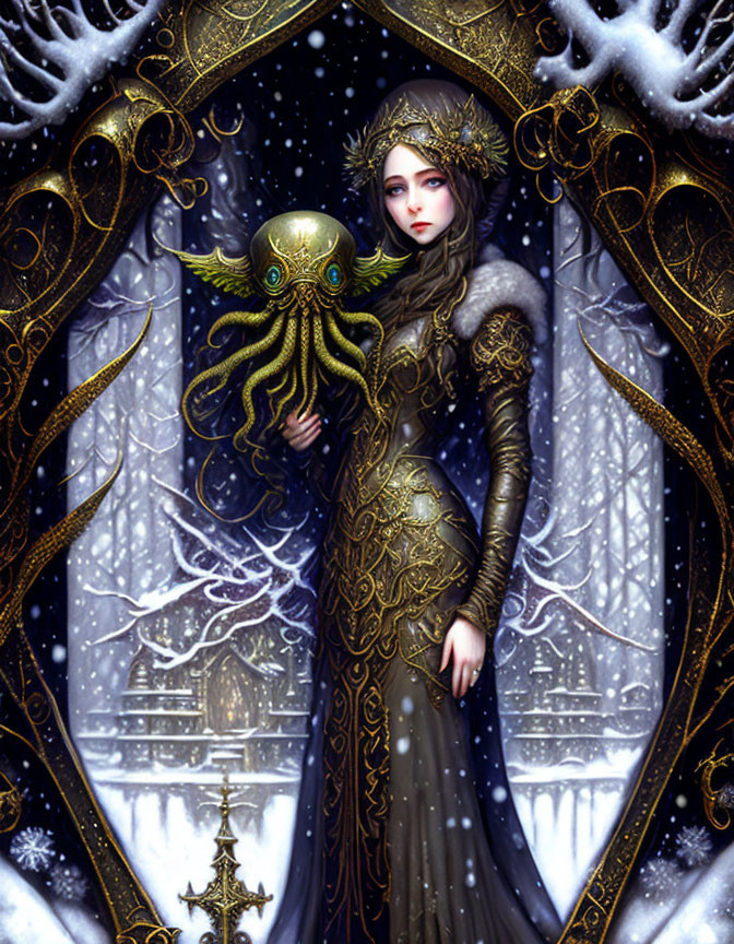 Woman in golden dress with green octopus under gold arch in snowy scene