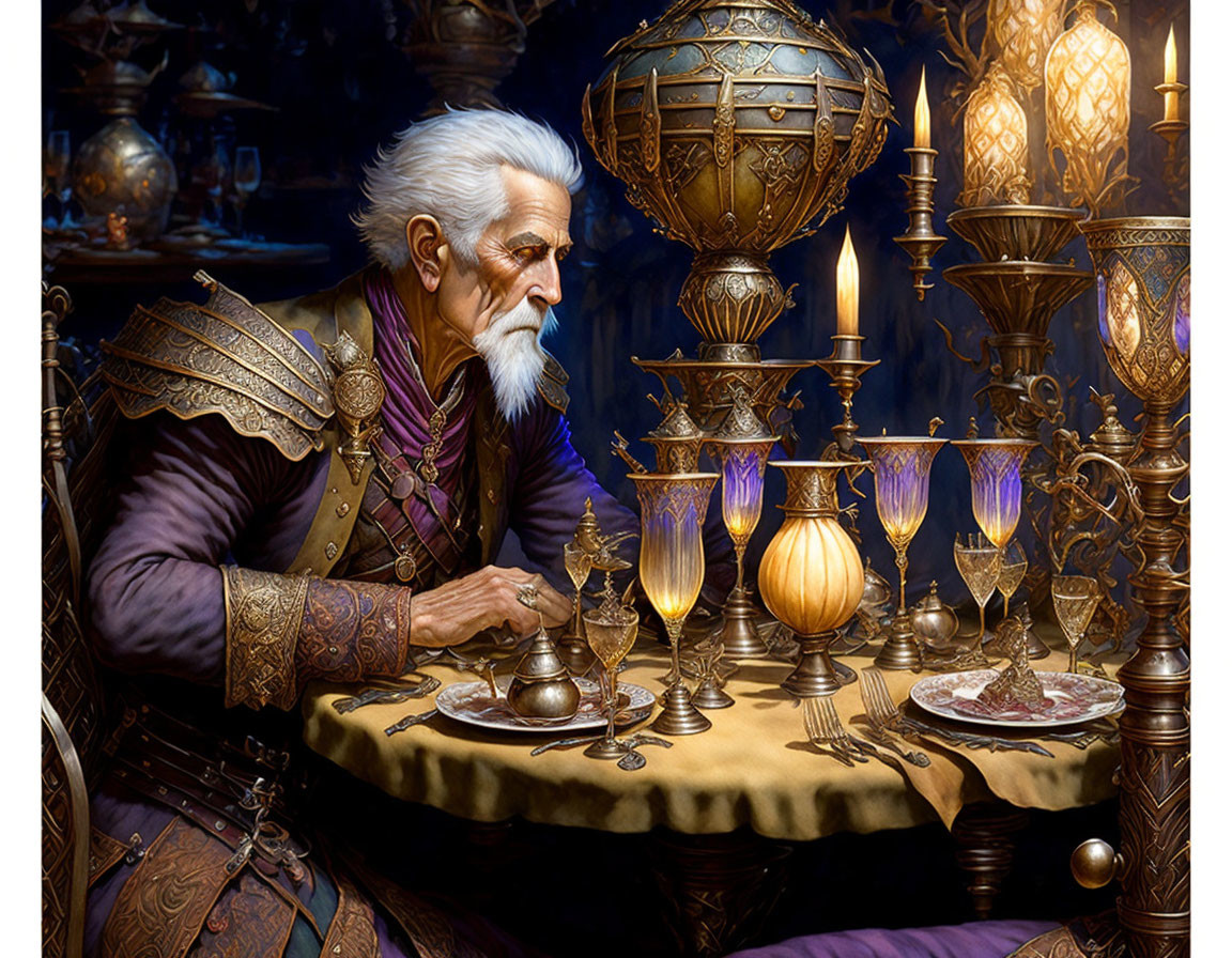 Elderly man with white hair at opulent banquet table