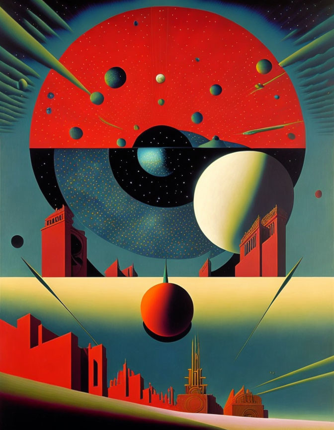 Vibrant surreal cosmic landscape with celestial bodies and architectural elements