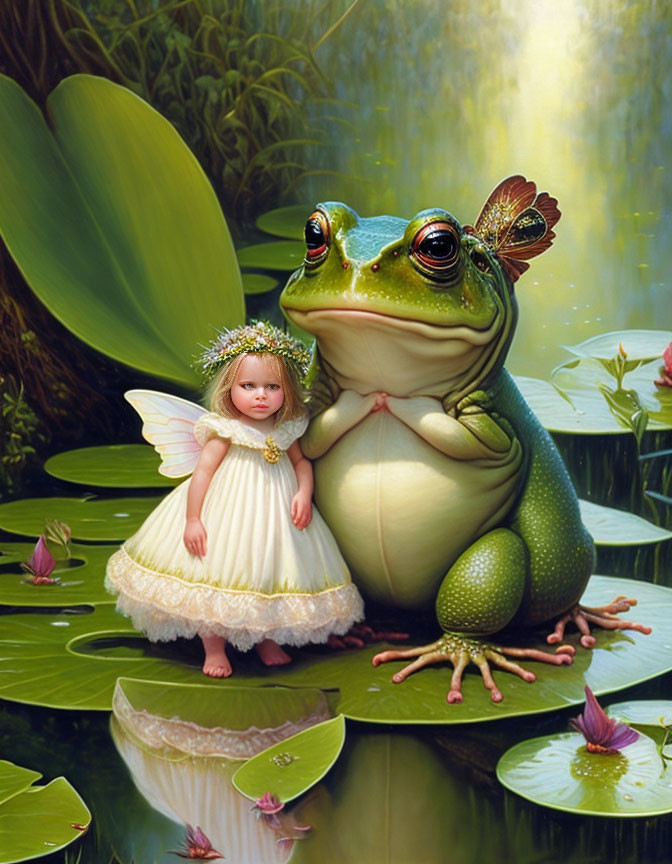 Fantastical image of small winged girl with giant frog on water lilies