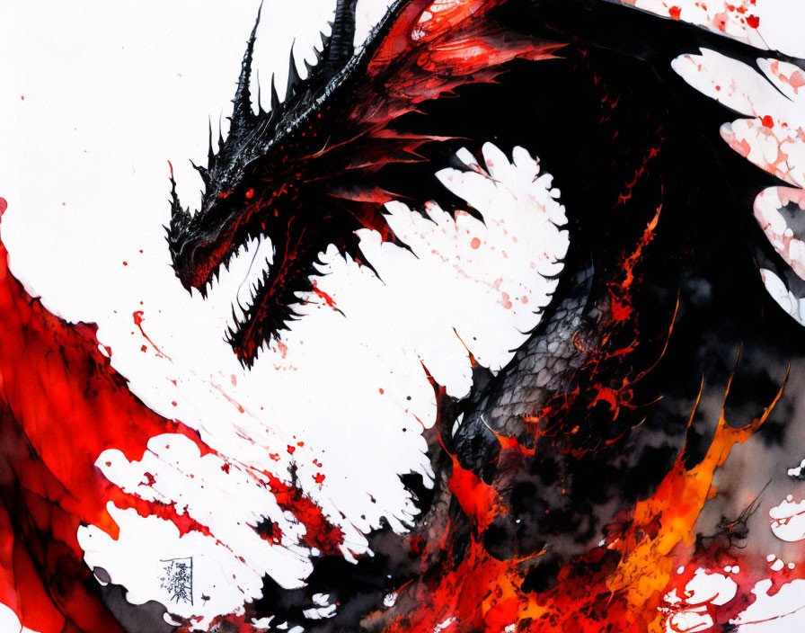 Vibrant Watercolor Illustration of Black Dragon with Red Accents